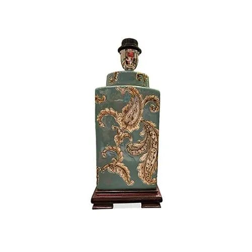 Asian grayish blue and taupe vase lamp is delightful with the taupe print pattern. The contrast is sharp on a walnut base...