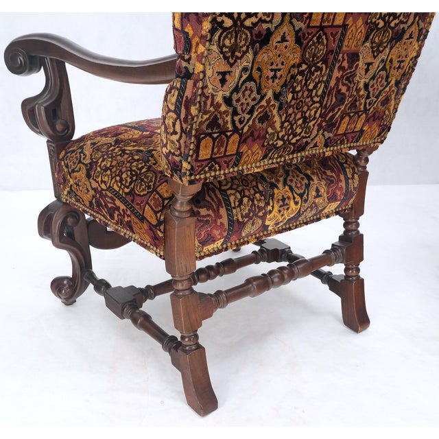 Pair Gothic Oversized Heavily Carved Walnut Arm Chairs Tall Back Throne