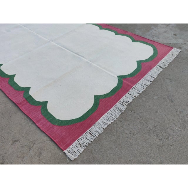 Not Yet Made - Made To Order Handmade Cotton Cream, Forest Green and Raspberry Pink Washed Border Scalloped Rug For Sale - Image 5 of 11