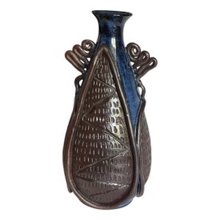 Mid 20th Century Blue Glaze & Brown Clay Studio Pottery Overlay Vase For Sale