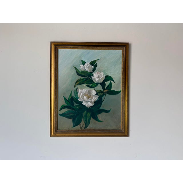 French Country 1970s Vintage Floral Still Life - White Blossoms Oil on Canvas Painting – Framed For Sale - Image 3 of 12