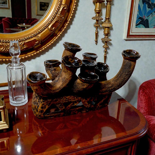 An Anamorphic 1970s Unsigned Brutalist Clay Sculpted Earth-Tone Menorah 9 Stick Candelabra For Sale In Palm Springs - Image 6 of 8