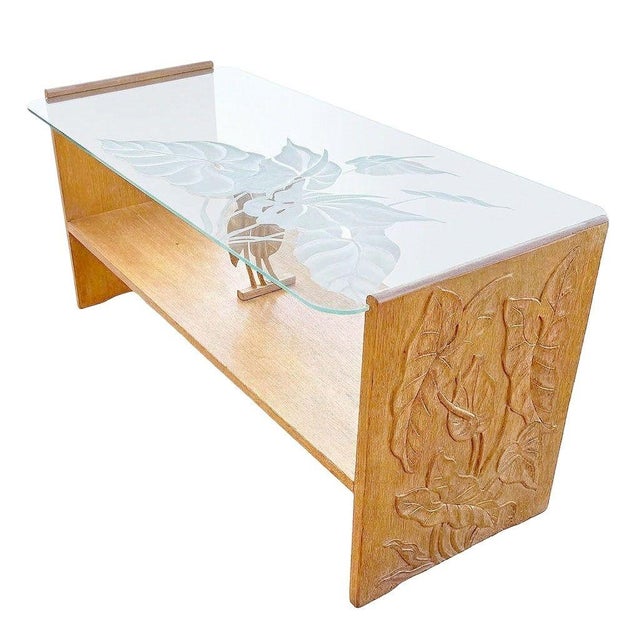 Mid-Century Modern Restored Hand Carved Hawaiian Koa Wood 2 Tiered Coffee Table W/ Glass Table For Sale - Image 3 of 9