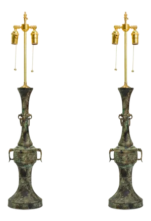 1970s Japanese Patinated Bronze Table Lamps - A Pair