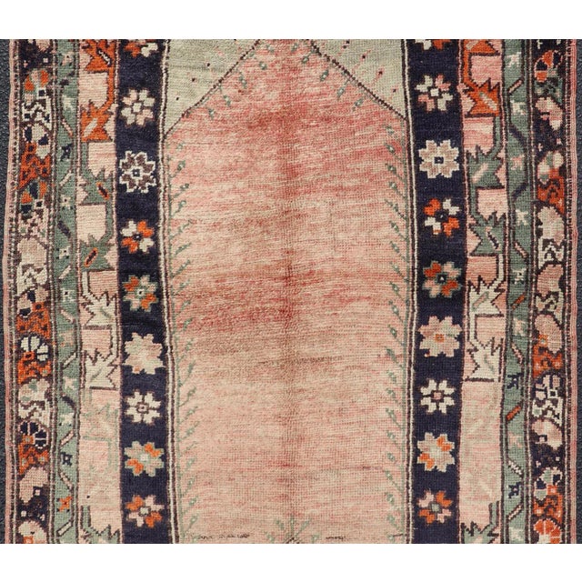 Tribal Vintage Turkish Oushak Rug Featuring a Soft Coral Field With Navy, Sage Green 3'8" X 6'2" For Sale - Image 3 of 13