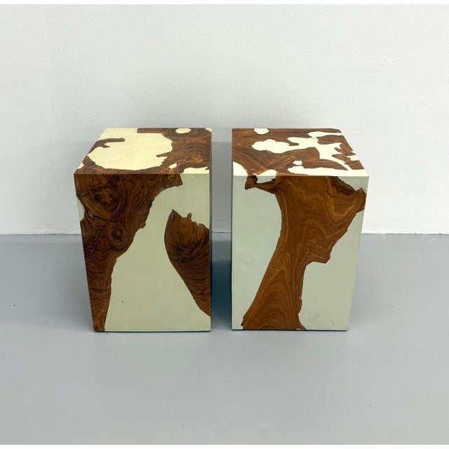 Abstract Vintage Burl Wood & Lacquered Parsons Pedestal Tables – Pair For Sale - Image 3 of 8