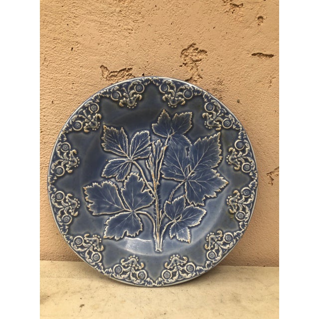 19th Century English Majolica Blue Leaves Plate