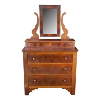 Antique Victorian Crotch Walnut Chest Drawers Stepback Dresser Wishbone Mirror For Sale