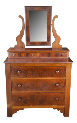 Antique Victorian Crotch Walnut Chest Drawers Stepback Dresser Wishbone Mirror