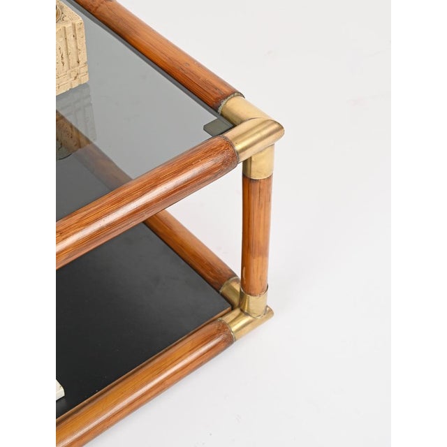 Wood Bamboo, Brass and Smoked Glass Coffee Table in the style of Gabriella Crespi, Italy, 1970s For Sale - Image 7 of 14
