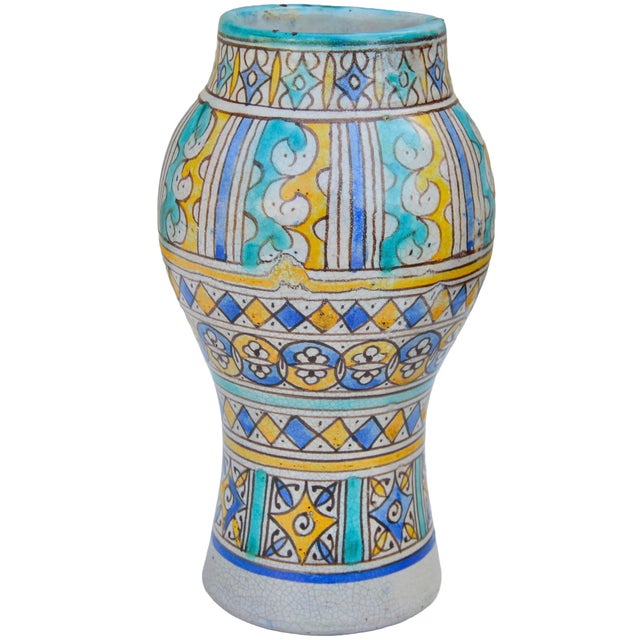 Exquisite antique one-of-a-kind Moroccan ceramic decorative vase, meticulously handcrafted and glazed exhibiting an ornate...