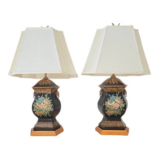 Late 20th Century Chelsea House Neoclassical Black Lacquer Painted Trophy Urn Table Lamps 32" - A Pair For Sale