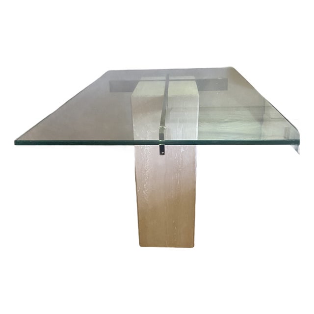 Vintage Travertine Base Glass Top Mid-Century Modern Side Table For Sale