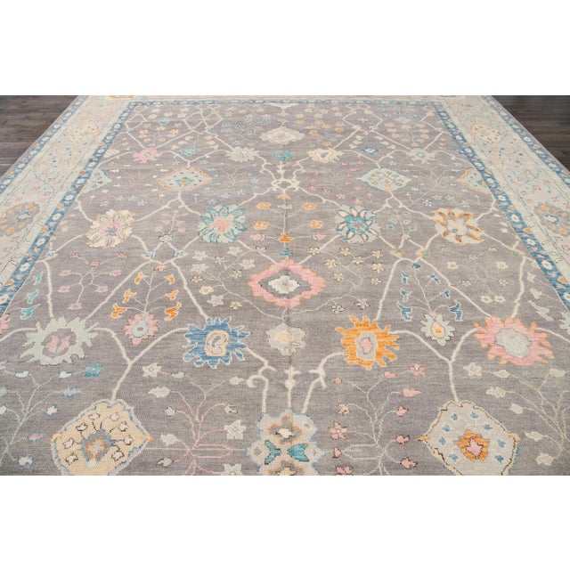 13 X 15 Contemporary Oushak Style Gray Wool Rug Handmade With Floral Design For Sale - Image 10 of 10