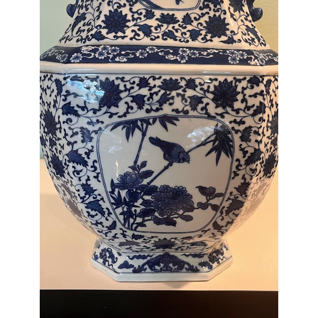 Chinoiserie Late 20th Century Large 18" Chinese Blue & White Hexagonal Porcelain Vase Bird Floral Qianlong Mark For Sale - Image 3 of 8