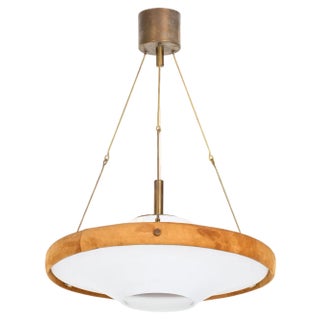 Glass, Brass and Suede Pendant, Sweden, 1960s For Sale