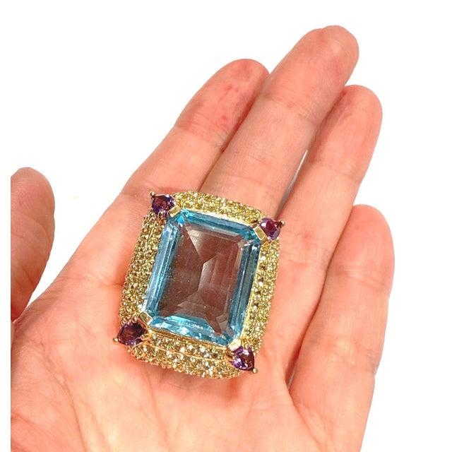 Gemstone Bochic “Orient” Blue Topaz & Multi Gem Cocktail Ring Set In 18K Gold & Silver, Size 7 For Sale - Image 7 of 11