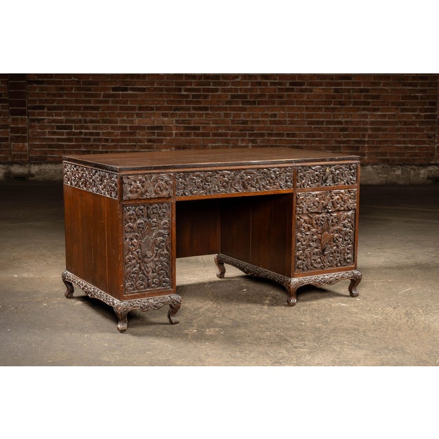 Asian Hand-Carved Indonesian Floral Kneehole Desk For Sale - Image 3 of 16