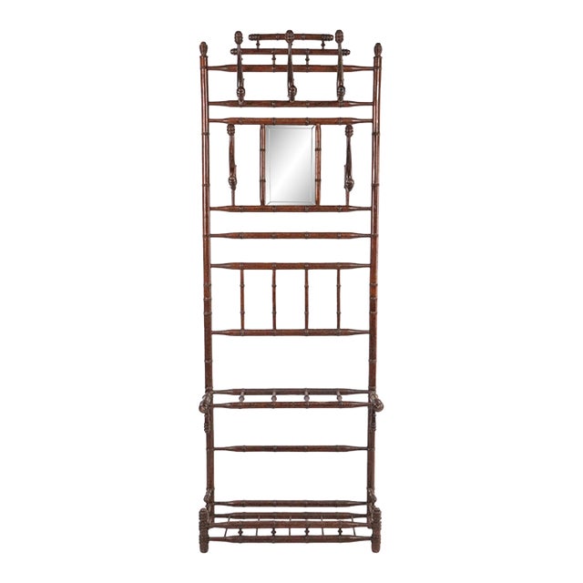 Victorian Belgian Wood Hall Tree With Beveled Mirror For Sale