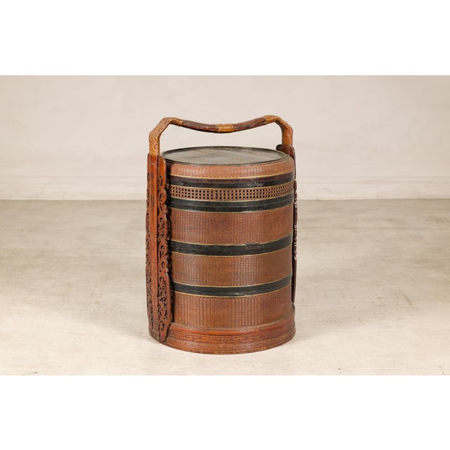 Vintage Chinese Rattan Wedding Basket with Carved Handle and Nested Containers For Sale - Image 17 of 18