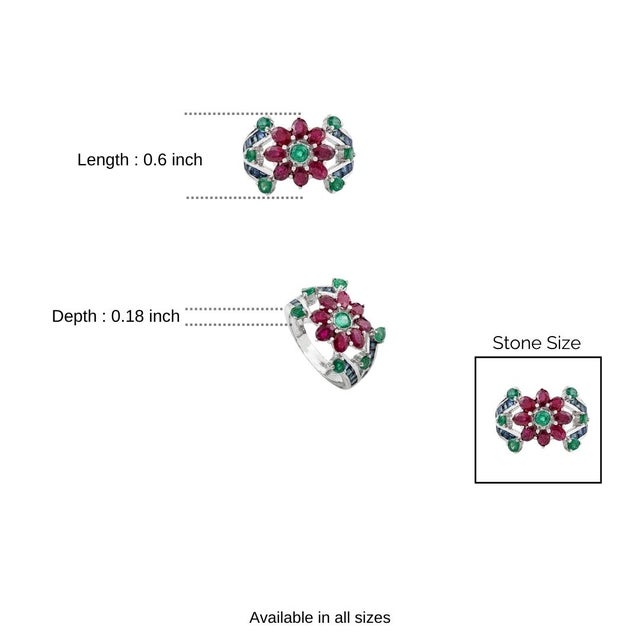 Modern Floral Design Ruby Emerald & Blue Sapphire Cocktail Ring in 925 Silver- Size 6.5 For Sale - Image 9 of 11