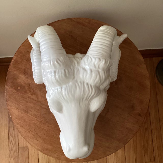 Mid 20th Century Vintage Neoclassical Italian White Glazed Porcelain Ram's Head Wall Hanging Sculpture, Circa 1980s For Sale - Image 5 of 12