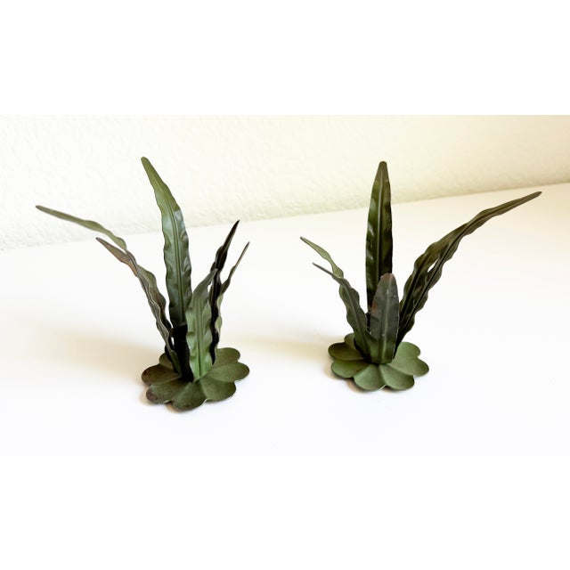 Metal Italian Tole Leaf Candle Holders, a Pair, 1960s For Sale - Image 7 of 10