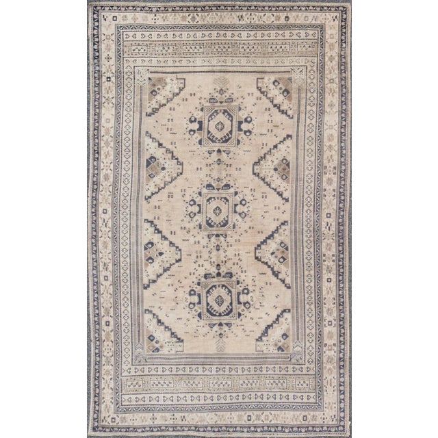 Vintage Turkish Oushak Rug Featuring Soft Beige Field With Navy Tribal Design For Sale - Image 9 of 9