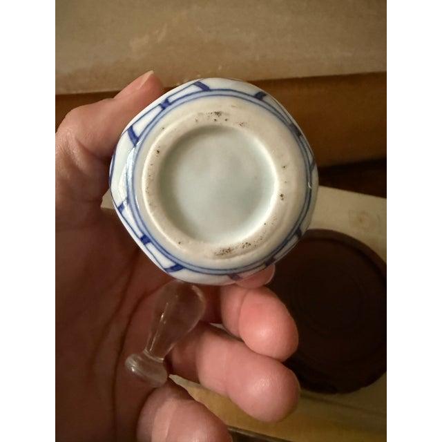 Ceramic Vintage Asian Porcelain Perfume Bottle or Miniature Vase With Glass Stopper and Wooden Stand For Sale - Image 7 of 7