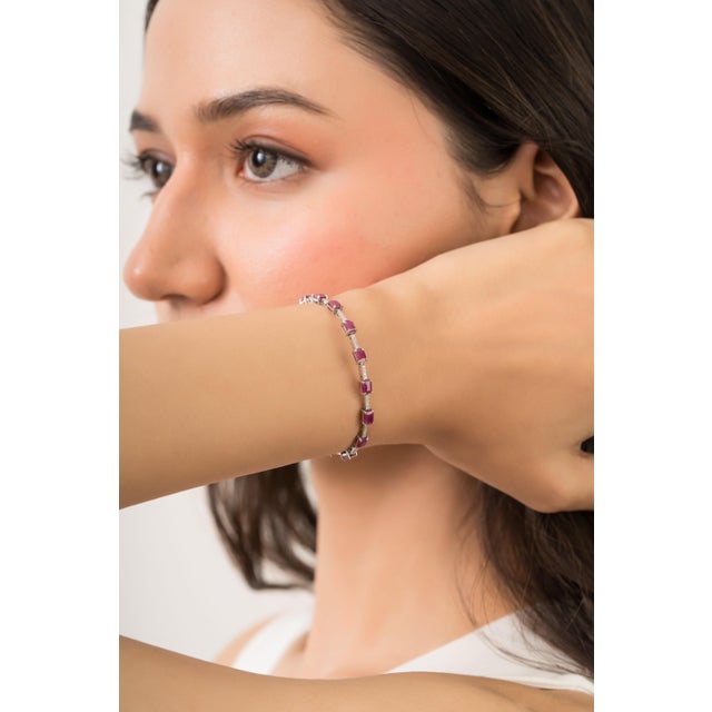 Metal Modern 14k White Gold 5.95ct Natural Ruby & Diamond Tennis Bracelet 6.5 Inches For Sale - Image 7 of 14