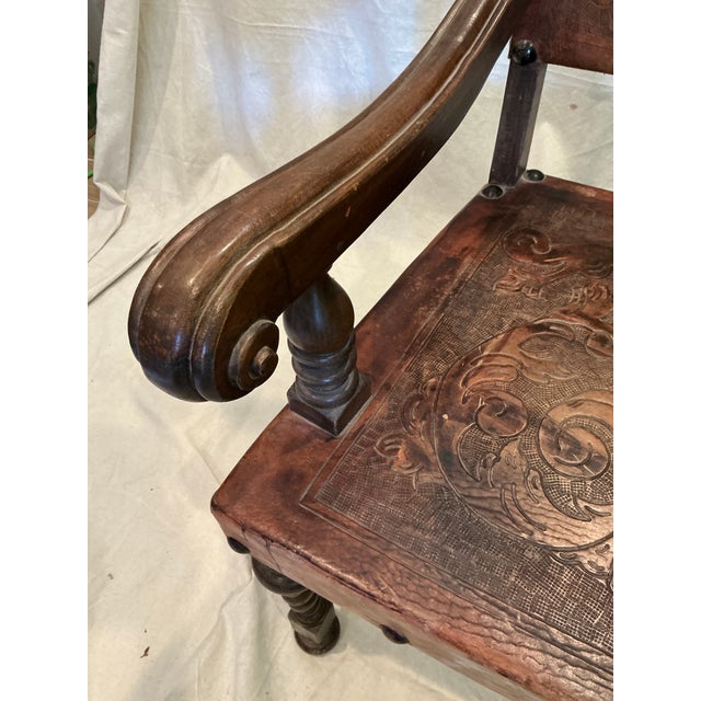 1950s Spanish Revival Tooled Leather Armchair With Barley Twist Legs For Sale - Image 11 of 18