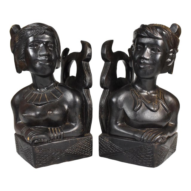 Vintage Early 20th Century Hand Carved Hardwood Pacific Islands Igorot Tribal Man & Woman Bust Bookends - Set of 2 For Sale