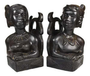 Vintage Early 20th Century Hand Carved Hardwood Pacific Islands Igorot Tribal Man & Woman Bust Bookends - Set of 2