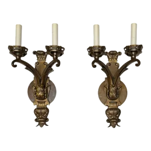 French Neoclassical Style Bronze Electrified Wall Sconces - a Pair