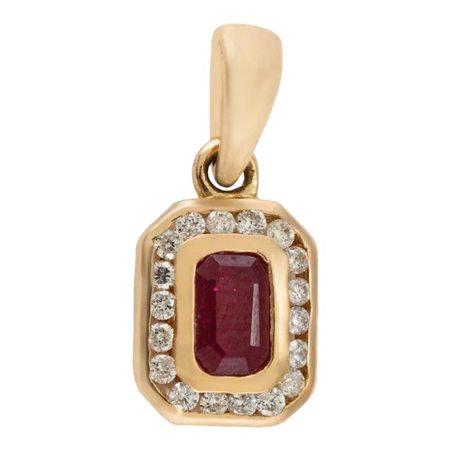 1990s Octagon Ruby and Diamond Halo Art Deco Pendant in 14k Yellow Gold For Sale