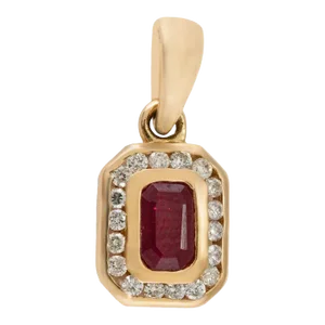 1990s Octagon Ruby and Diamond Halo Art Deco Pendant in 14k Yellow Gold