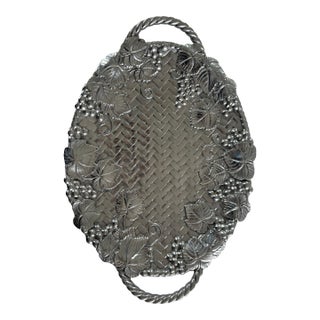 1990s Large, Lenox Grape Weave Pewter Color Oval Metal-Wear Handled Platter/Tray For Sale