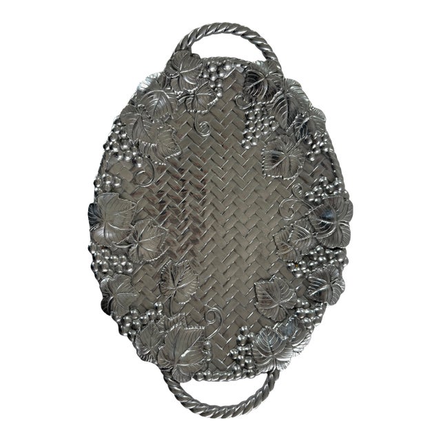 1990s Large, Lenox Grape Weave Pewter Color Oval Metal-Wear Handled Platter/Tray For Sale