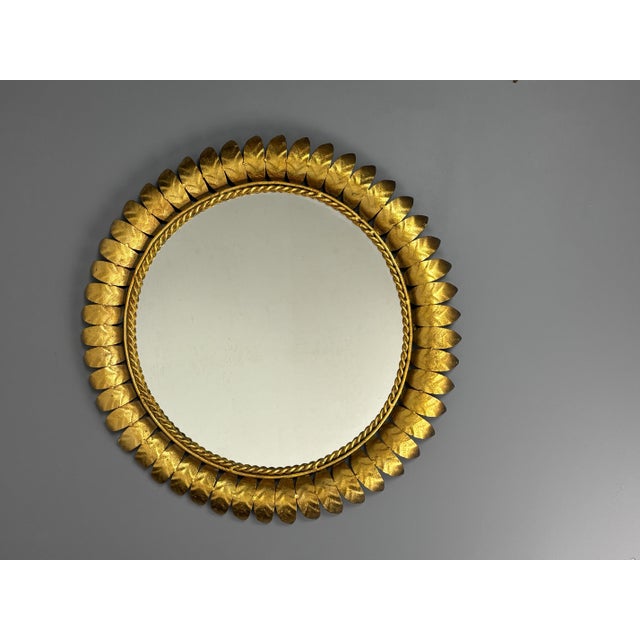 Mid-Century Bohemian Hollywood Regency Spanish Gilt Metal Sun Mirror, 1950s For Sale - Image 14 of 17