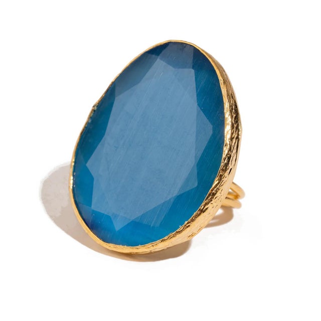 Bronze Gypsy Soul Blue Cat Eye Gold Statement Ring, Size 8 For Sale - Image 8 of 8