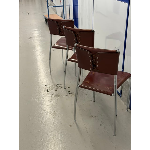 Red Vintage Ginger Cognac Leather and Chrome Dining Chairs from Fasem, Italy, 1980s, Set of 3 For Sale - Image 8 of 10