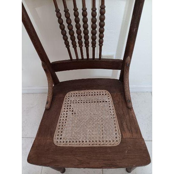 1940s Antique Early American Wood Chair Cane Seat Dark Tone For Sale - Image 5 of 8