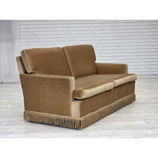 1970s, Danish armchair. Original honey yellow furniture velour, beech wood legs. Original good condition: no smells, no...