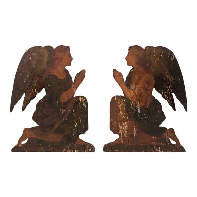 19th Century Italian Painted Wood Angel Plaques - a Pair For Sale