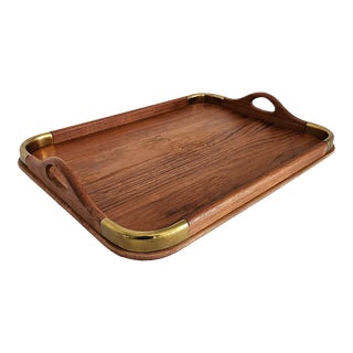 1970s Teak Wood Tray With Brass Accents For Sale