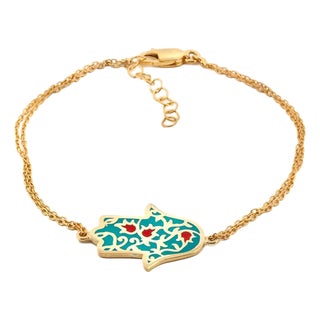 Turquoise Enamel Floral Hamsa Hand Gold Vermeil Chain Bracelet For Sale