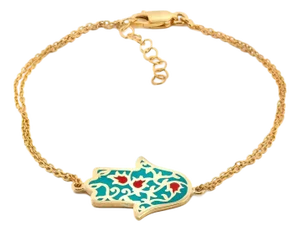 Turquoise Enamel Floral Hamsa Hand Gold Vermeil Chain Bracelet