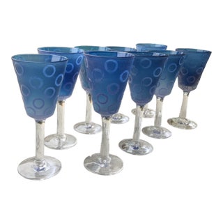 Vintage Murano Blue Raised Circle Wineglasses Attributed to Mario Badioli - Set of 9 For Sale