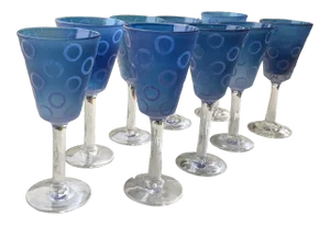 Vintage Murano Blue Raised Circle Wineglasses Attributed to Mario Badioli - Set of 9