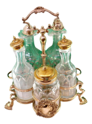 Cruet with Silver Structure and Salt Shaker and Pepper Shaker and Mustard Shaker and Glass Cruets, Set of Set of 6